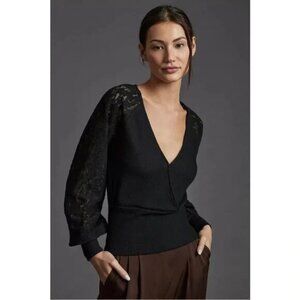 By Anthropologie S Black Lace Sleeve Sweater Faux Wrap Top
